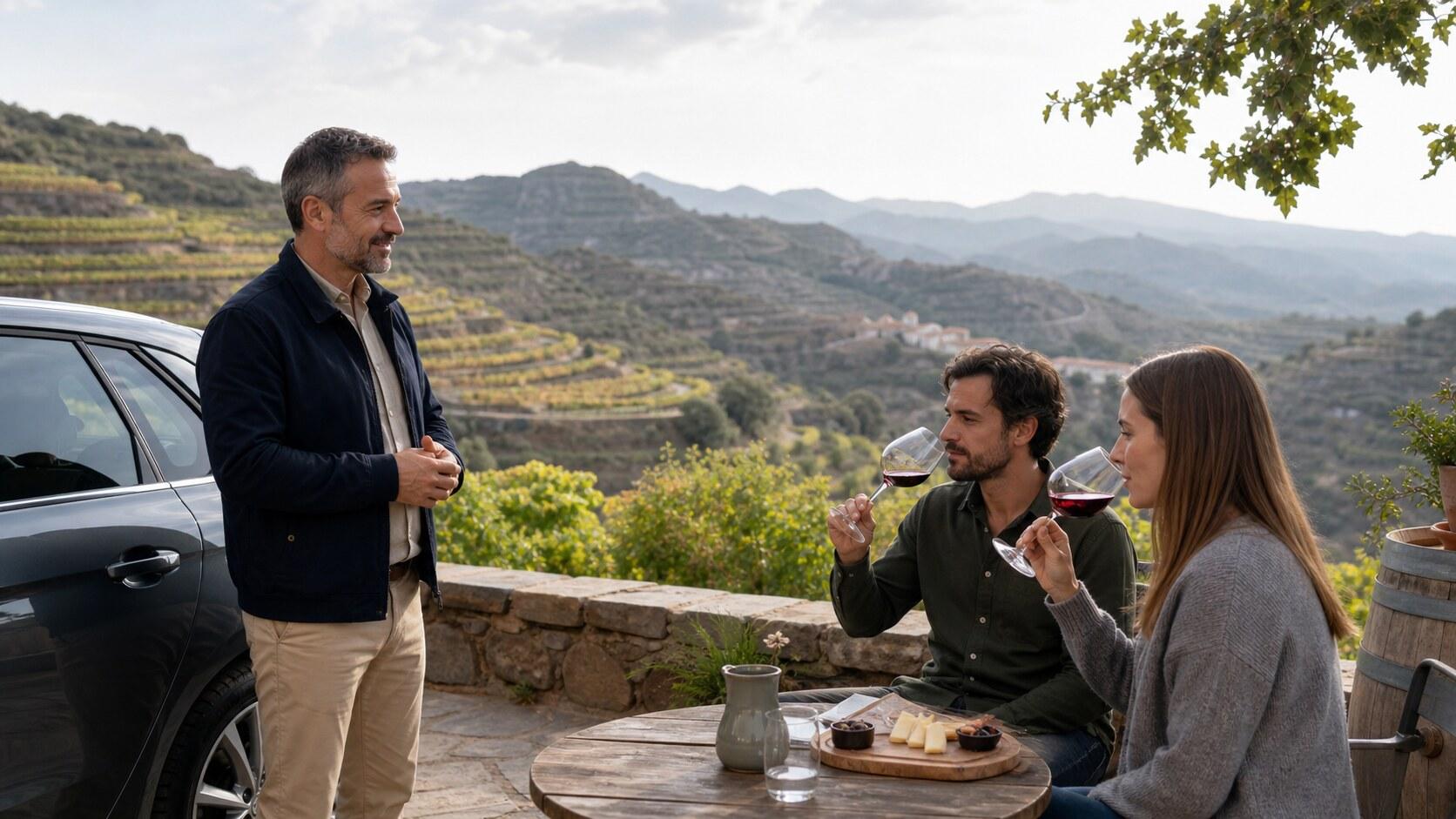 Travelers tasting Priorat wine with their private driver-guide