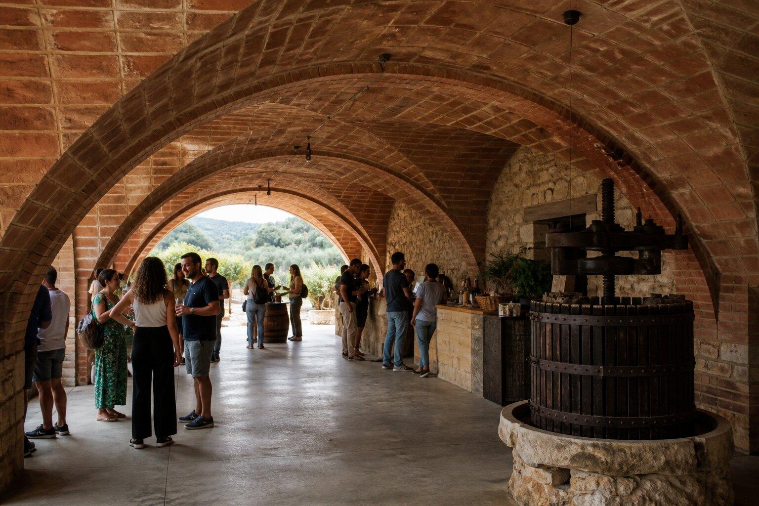 Visitors beneath the brick arches of Gandesa cooperative winery