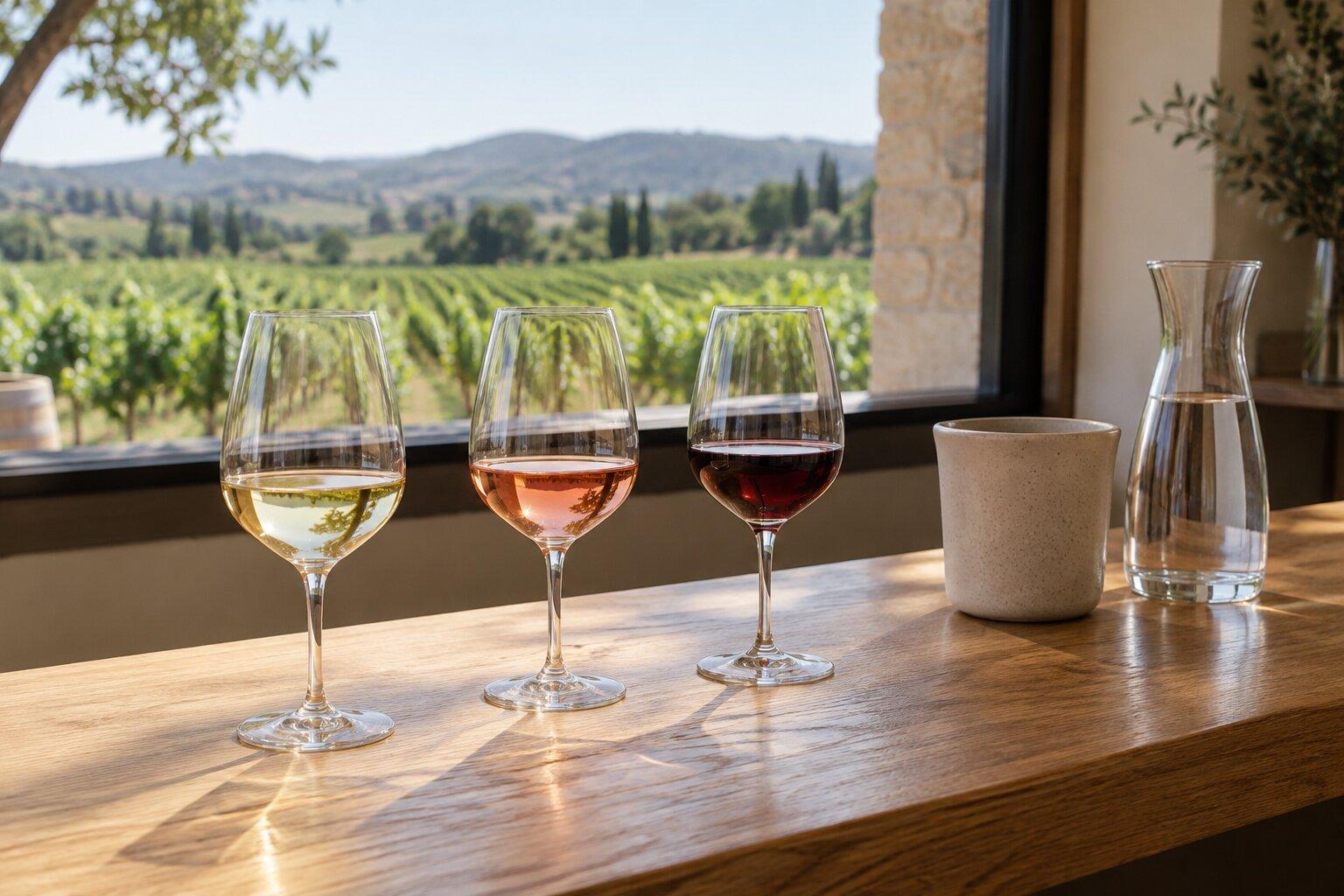 Illustration of three wine samples, water and a spittoon on a winery tasting counter
