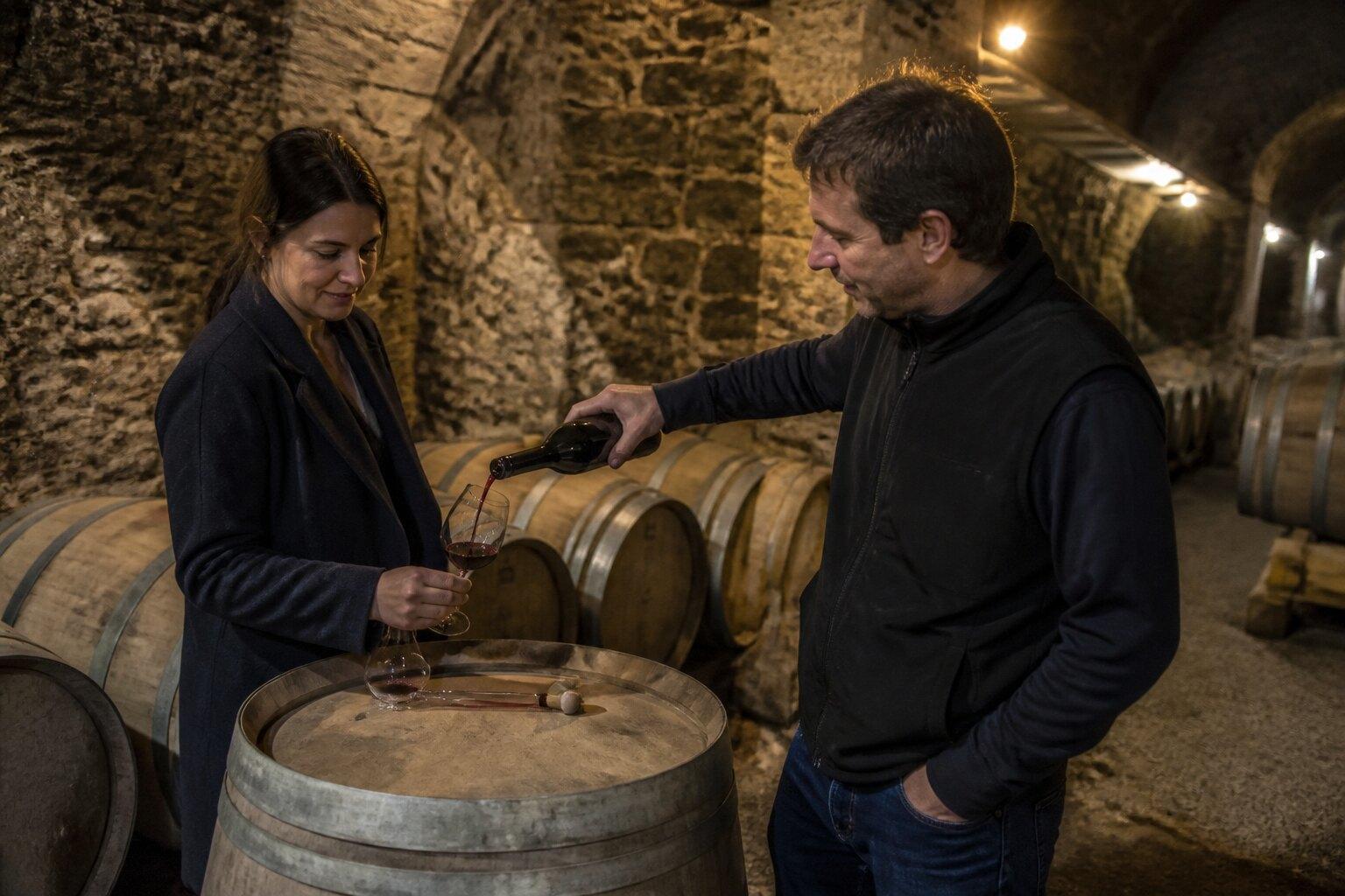 Winemaker pouring a small tasting inside a Bages cellar