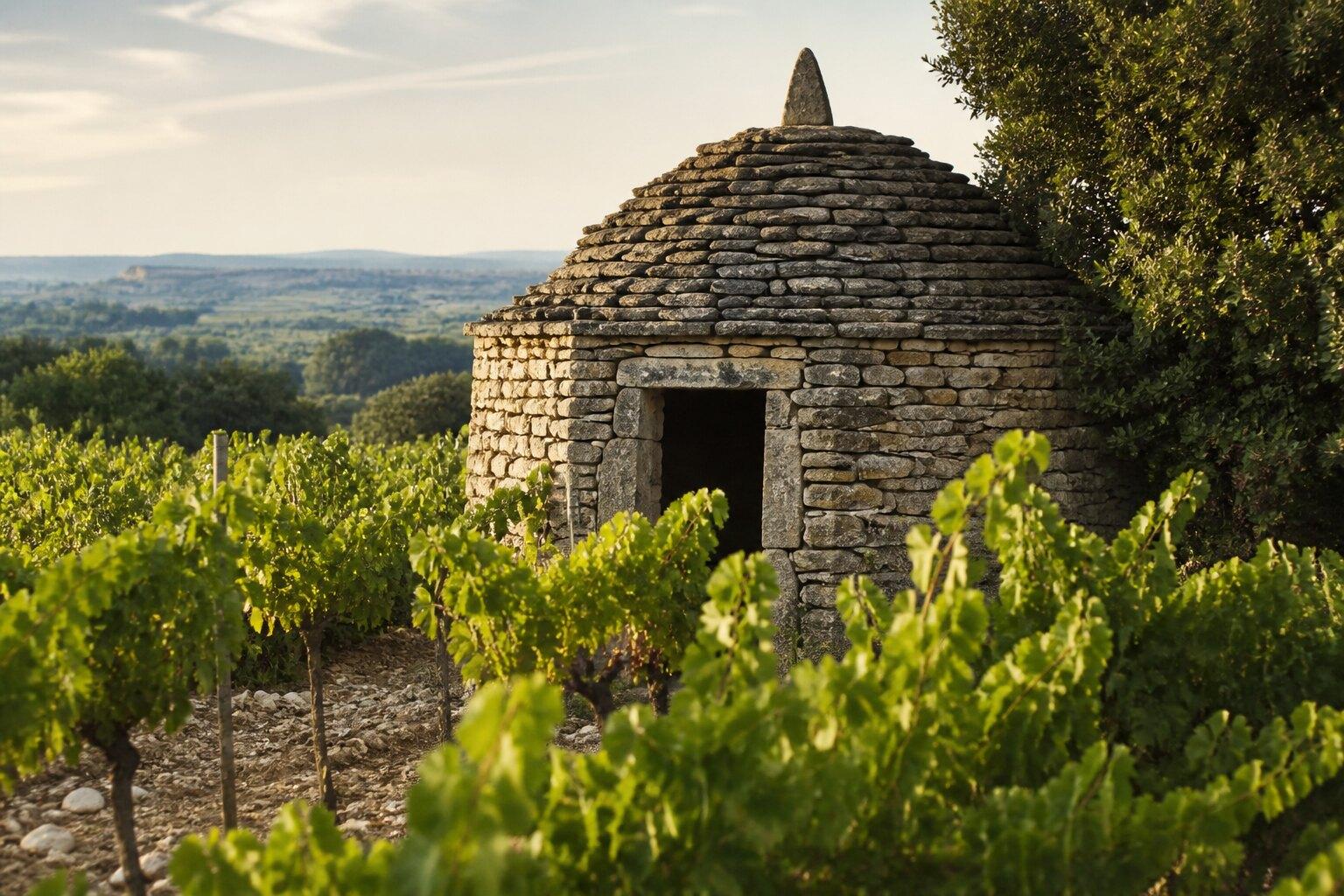 Circular dry-stone vineyard hut among rows of vines