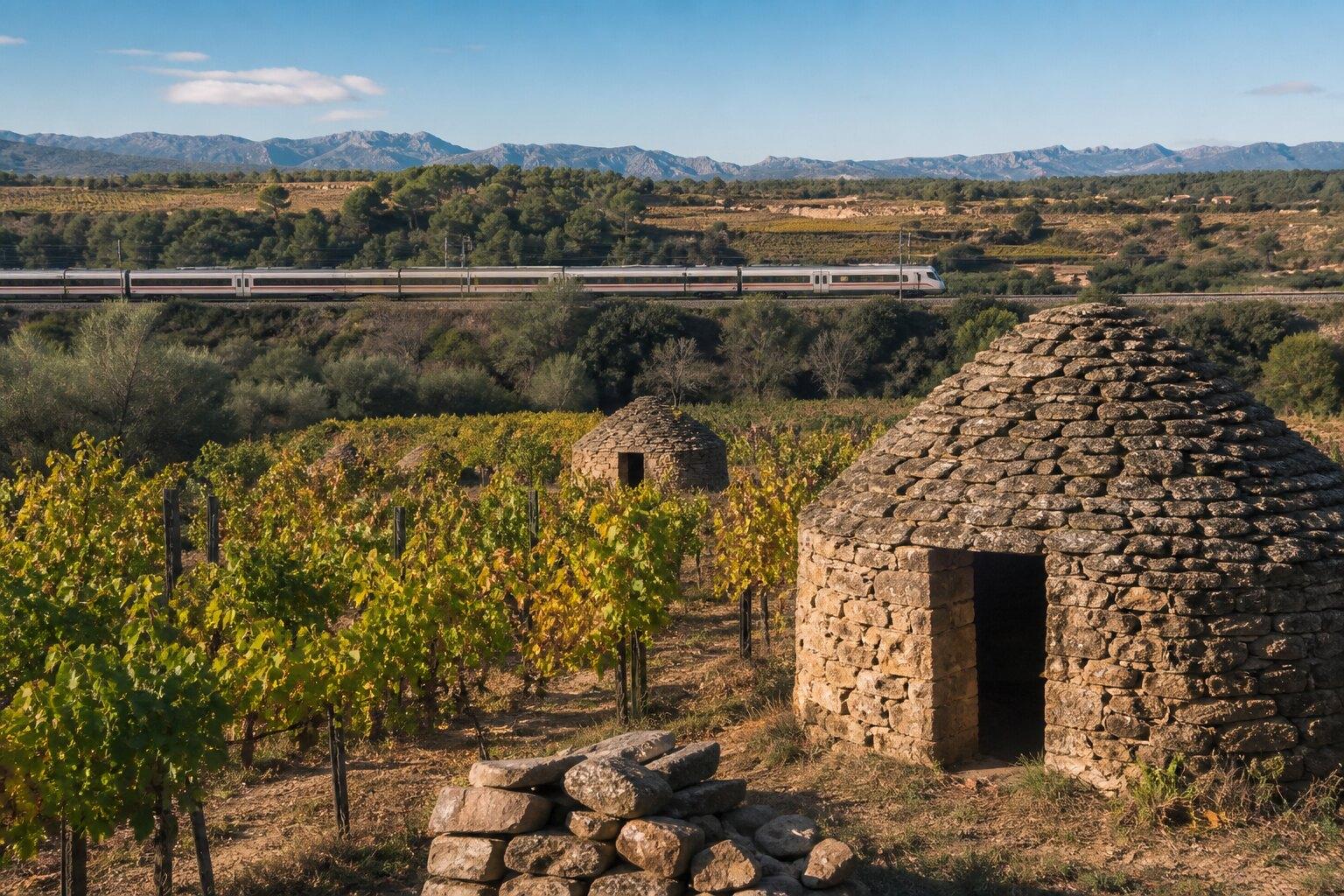 Pla de Bages vineyards with dry-stone huts near Manresa